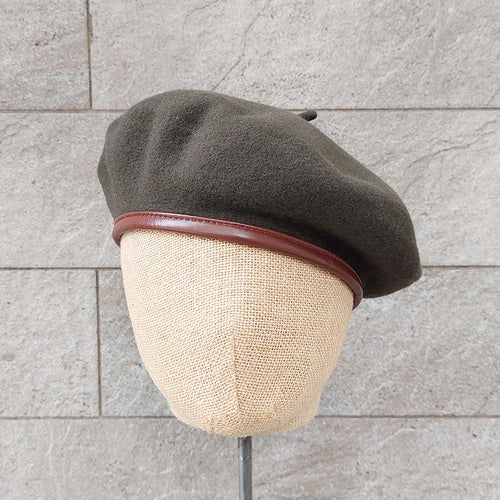 Doria/Wool Beret With Leather Trim(Olive Green/Brown) - OBEIOBEI