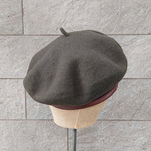 Load image into Gallery viewer, Doria/Wool Beret With Leather Trim(Olive Green/Brown) - OBEIOBEI