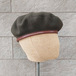 Doria/Wool Beret With Leather Trim(Olive Green/Brown) - OBEIOBEI